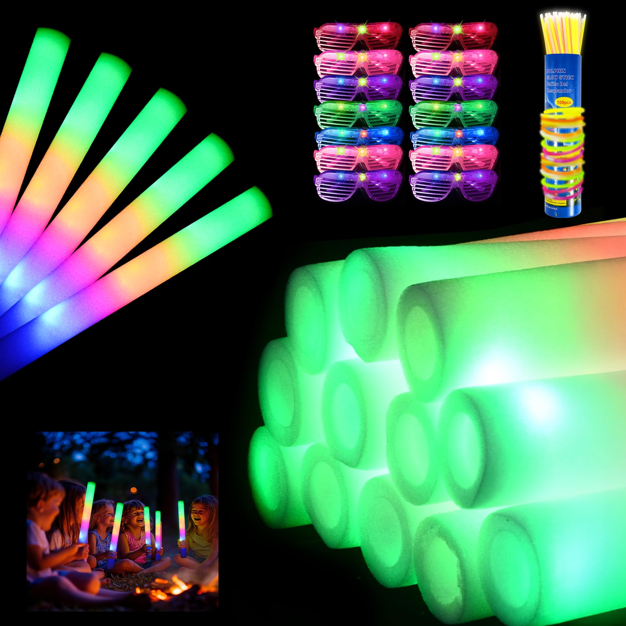 JODOUEEIR 136-Piece Glow Party Supplies Kit: 24 Foam Glow Sticks, 12 ...