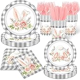 Happy Easter Plates and Napkins Set with Cute Bunny Flowers and Gray Gingham, Easter Party Decorations Disposable Bunny Paper Dinnerware Set for Spring Holiday Birthday Party Baby Shower, Serve 24