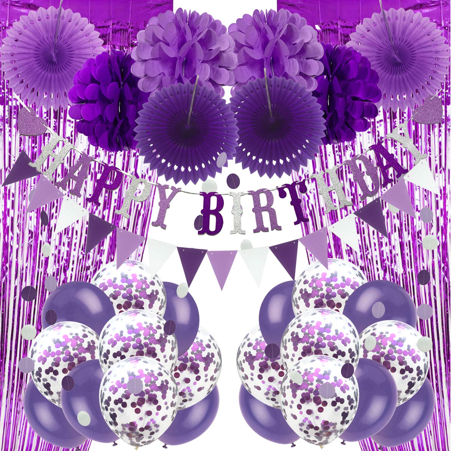 Recosis Birthday Party Decorations, Party Decorations for Men Women, Happy Birthday Banner, Curtains, Paper Honeycomb, Garland, Balloons for Birthday Party Decorations (Purple)
