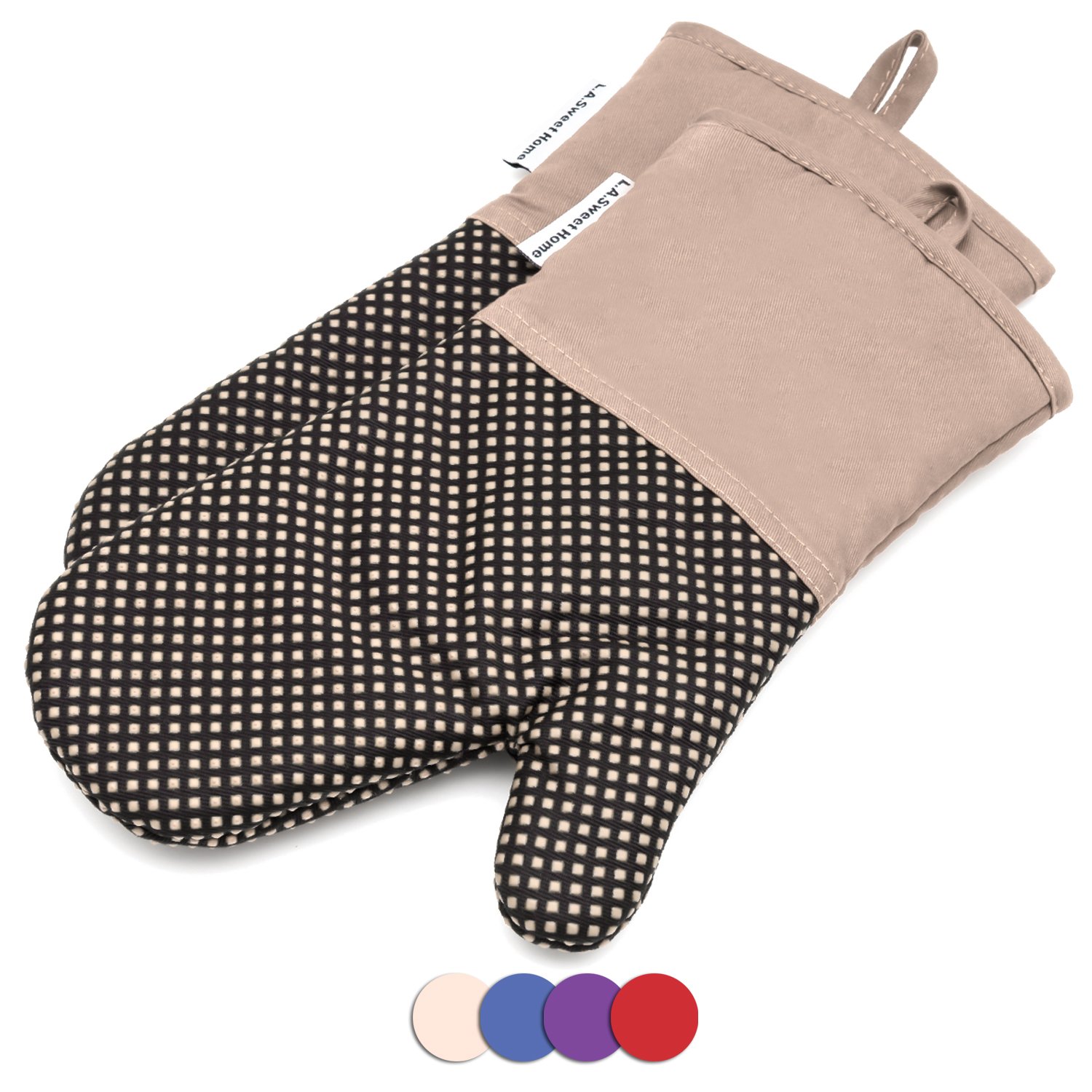 Silicone Oven Mitts Cooking Gloves 480 F Heat Resistant Square Dot Pattern Non-Slip Grip Pot Holders for Kitchen Oven BBQ Grill and Fire Pits for Cooking Baking 7x13 inch 1 pair Khaki by LA Sweet Home