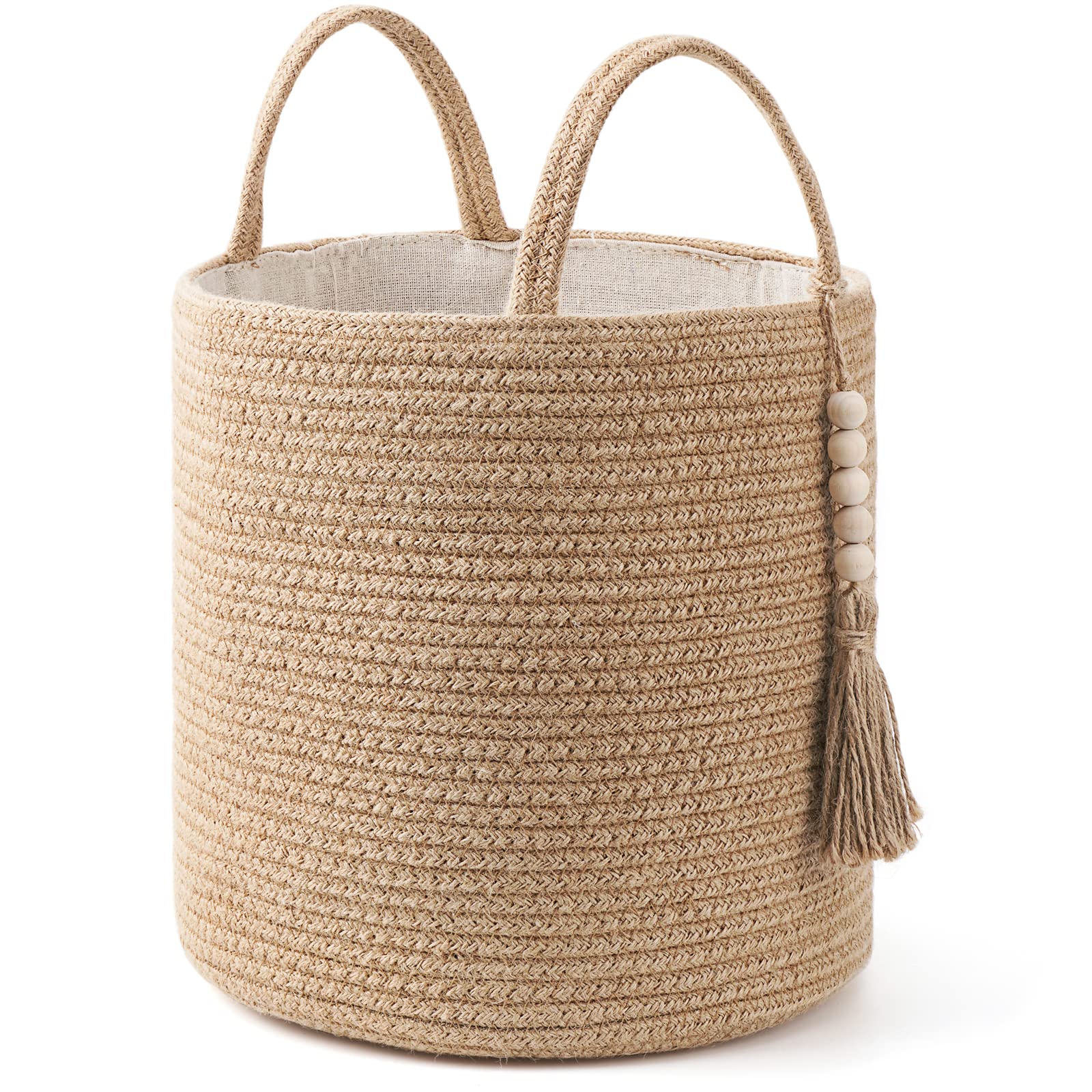 Mkono Woven Storage Basket Decorative Natural Rope Basket Wooden Bead Decoration for Blankets,Toys,Clothes,Shoes,Plant Organizer Bin with Handles Living Room Home Decor (Brown, 28 x 28cm)