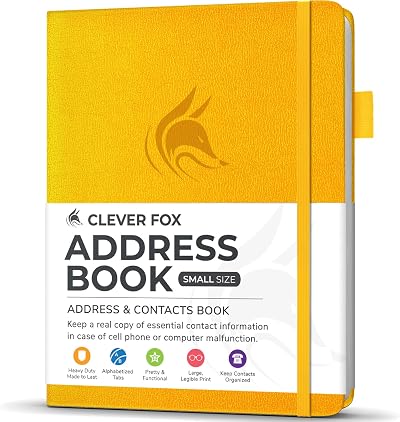 Clever Fox Address Book PU Leather Amber Yellow with Alphabetical Tabs 10.5x14cm