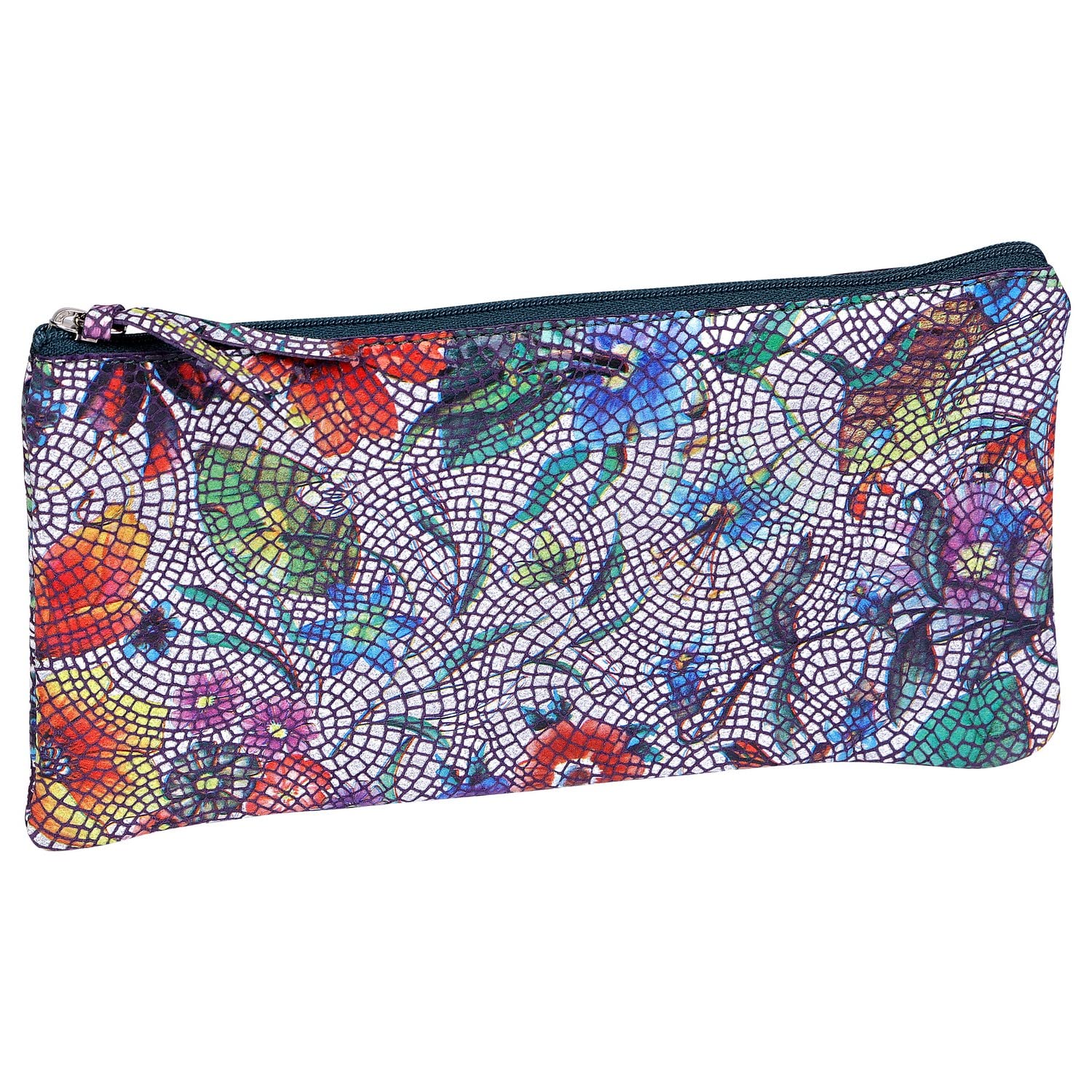 Clairefontaine 410103C - Genuine Lambskin Flat School Pencil Case 22x11 cm Flowers Snake Effect - School Supplies - Coloured Pencil Case - Pencil Tray