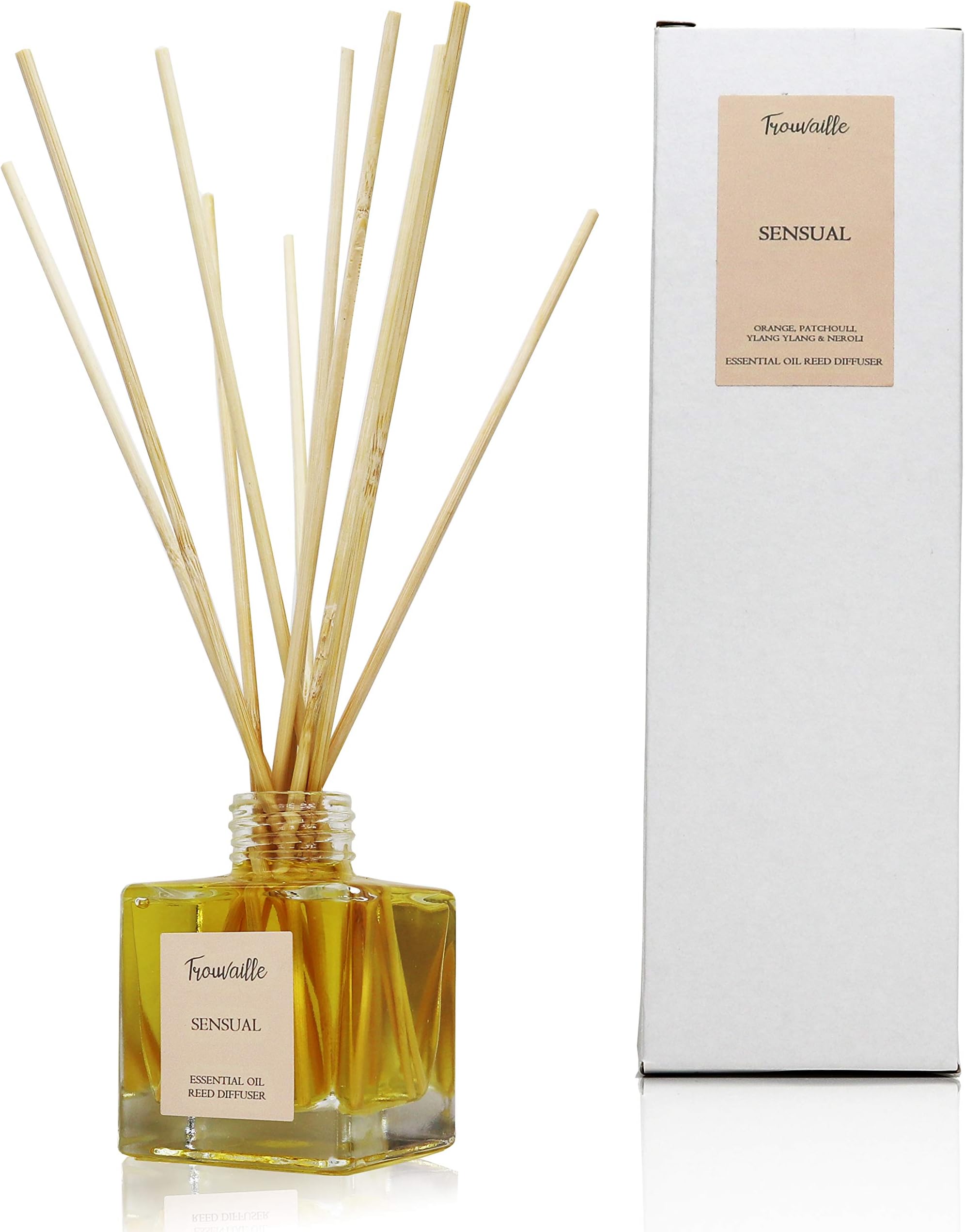100ml Sensual Essential Oil Reed Diffuser by Trouvaille Made in UK, Air Freshener for Home, Long Lasting Scented Oil Fragrance Full of Aromatherapy Benefits, Luxury Diffuser with Sticks