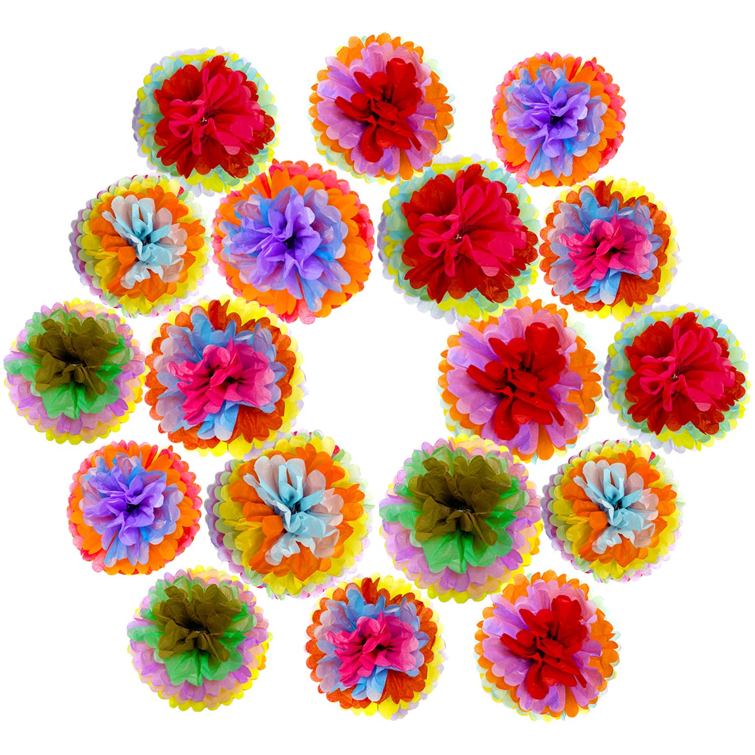 ZERODECO Cinco De Mayo Decorations, 18 Pcs Multicolor Fiesta Tissue Pom Paper Flowers 12 inch 14 inch for Mexican Carnival Rainbow Theme Party Supplies