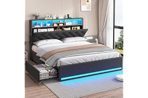 HAUOMS Queen Bed Frame with Hidden Storage Headboard and 4 Drawers, Upholstered Platform Bed Frme Queen Size with LED Lights & Charging Station, No Box Spring Needed, Noise-Free, Dark Grey