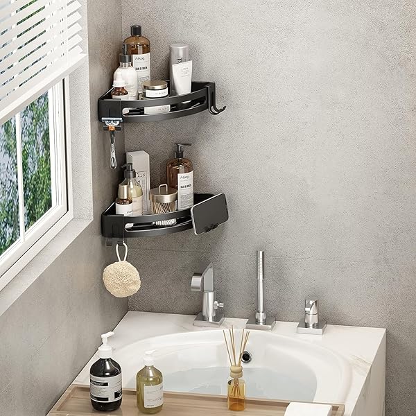 VOLPONE 3-PACK BLACK TRIANGLE SHOWER CADDY, 3-TIER CORNER SHELVES, RUSTPROOF SHOWER STORAGE RACK, DRILL FREE WALL MOUNT SHOWER ORGANIZER, 40LBS LOAD CAPACITY