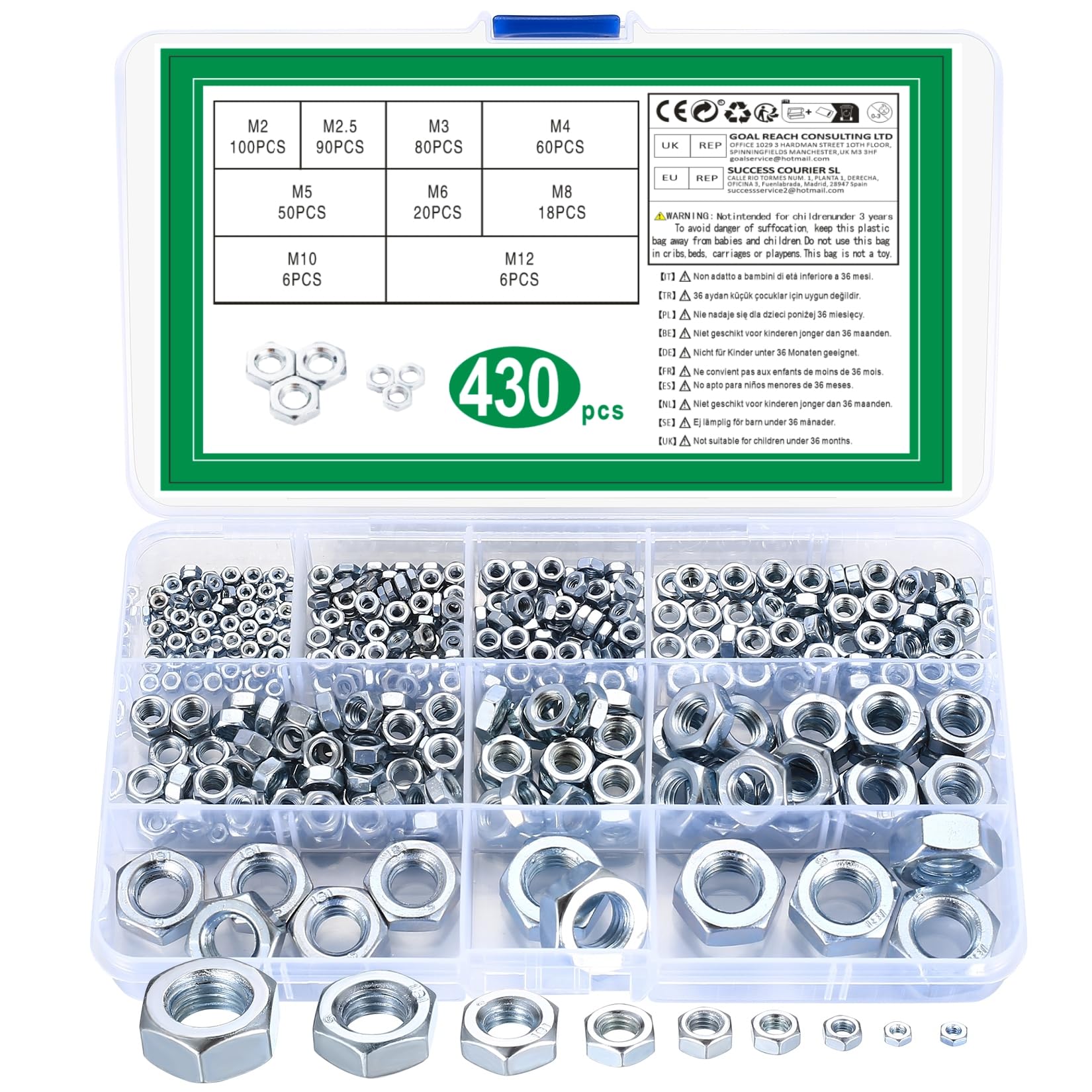 430 Pcs Hex Nuts Assortment Set, Self-Locking Nuts Set, Lock Nut, Carbon Steel Locknuts for Screws, Thread Hexagon Nut for Bolts, Anti-Loose Insert Nutss, M2 M2.5 M3 M4 M5 M6 M8 M10 M12