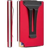 GOLRIDI Wallet for Men, Slim Minimalist Carbon Fiber Wallet with Metal Money Clip/Cash Strap, RFID Blocking Aluminum Card Holder,Matt Red