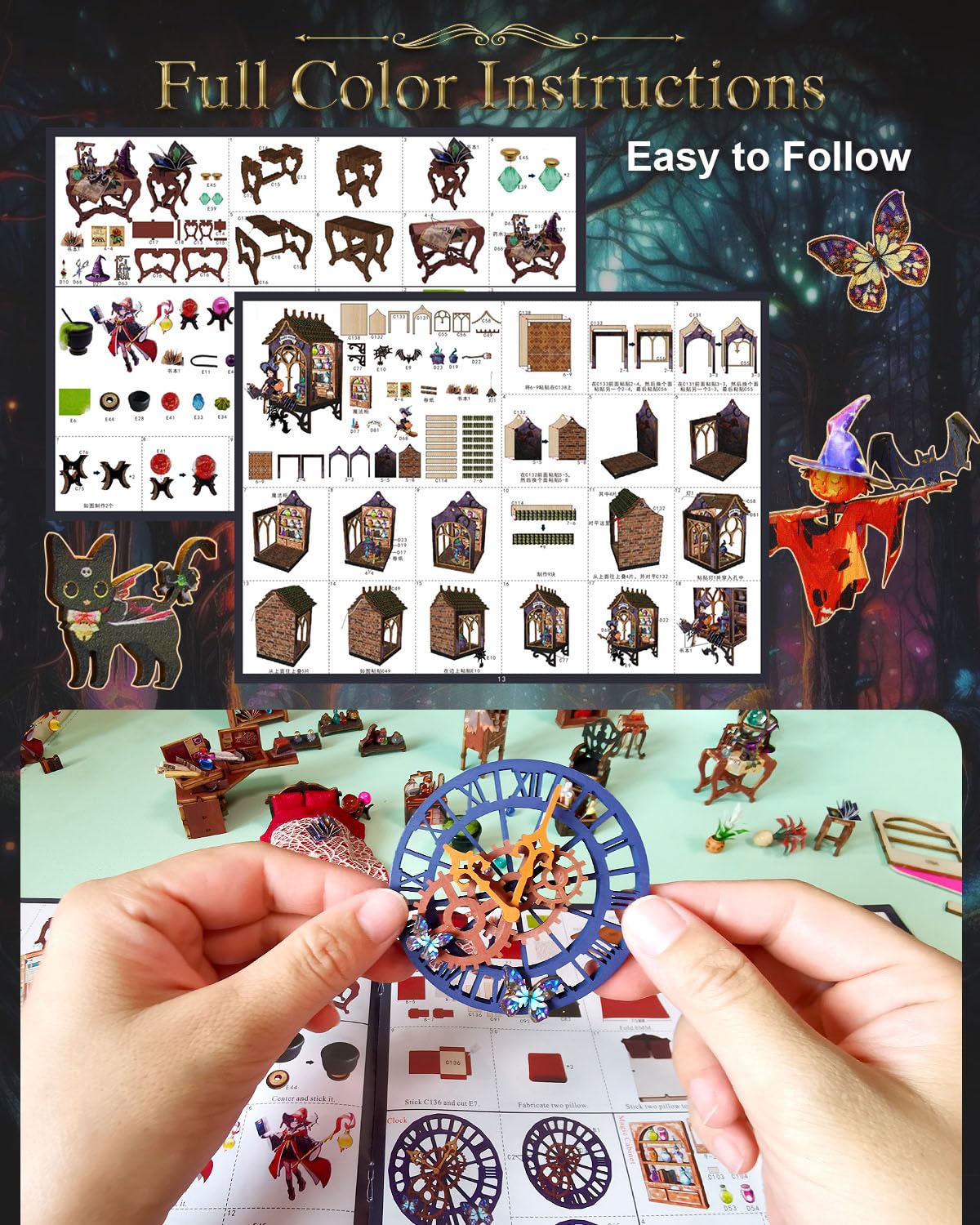 OurMiao DIY Miniature House Kit Magic Forest, Mini Doll House Building Kit with LED Lights Furniture, Miniature Dollhouse Kit Wooden Crafts for Adults Teens Gifts