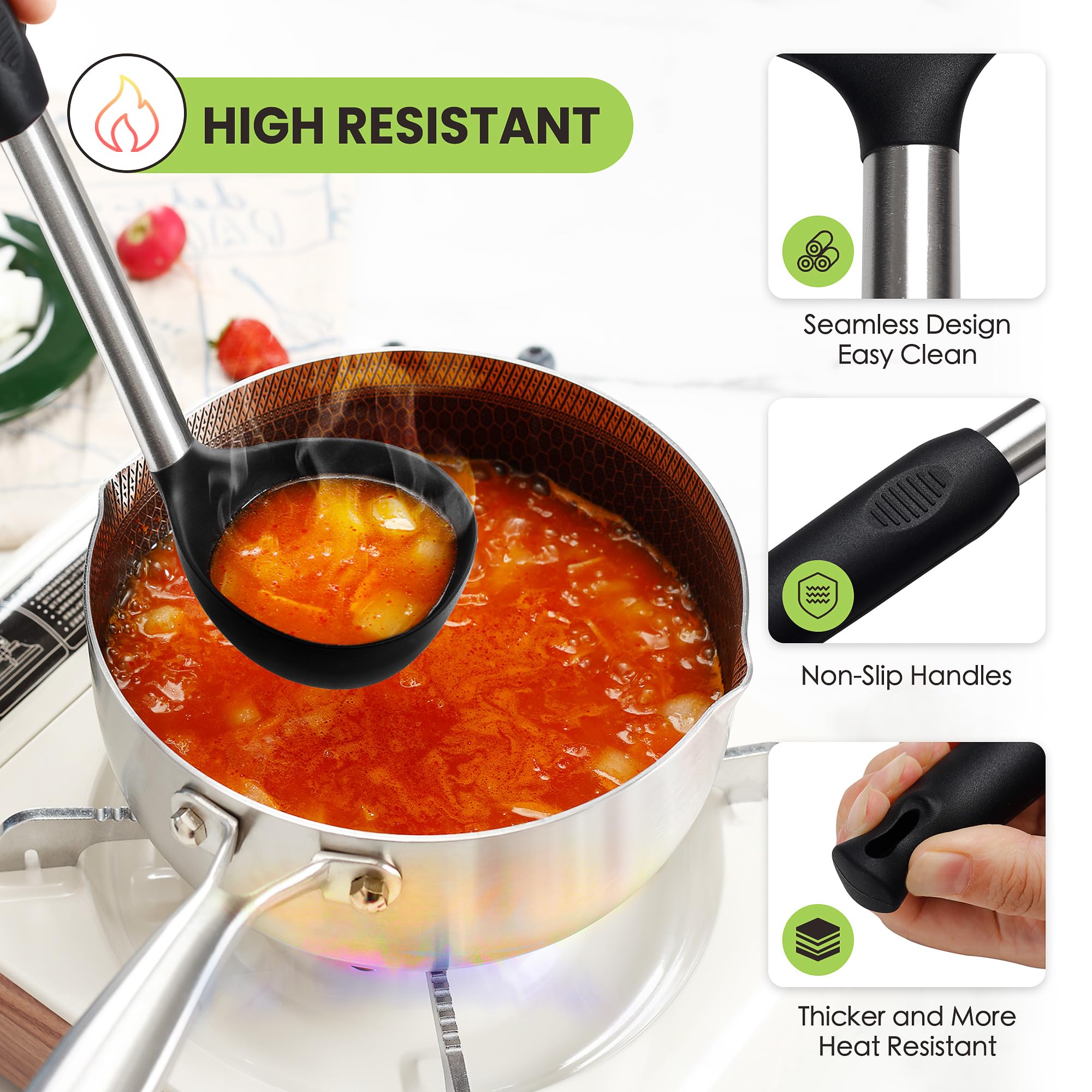 Large Cooking Utensils Set, 35 Pcs Kitchen Utensils Set with Holder, Silicone Spatula Set with Stainless Steel Handle, Whisk, Basting Brush, Kitchen Gadgets for Nonstick Cookware (Black)