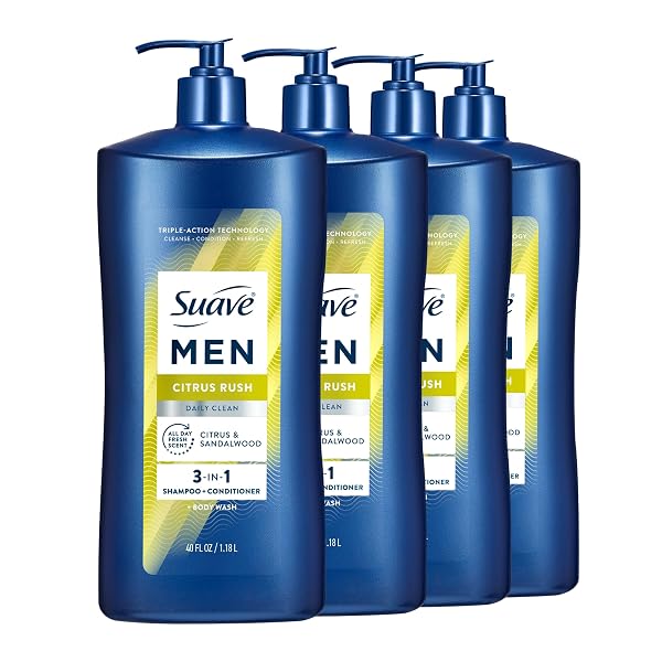 SUAVE MEN CITRUS RUSH DAILY CLEAN 3 IN 1 SHAMPOO, CONDITIONER & BODY WASH WITH GLYCERIN & KERATIN HYDRATES & SMOOTHS HAIR, CITRUS SCENT, 4 COUNT, 40 FL OZ PUMP