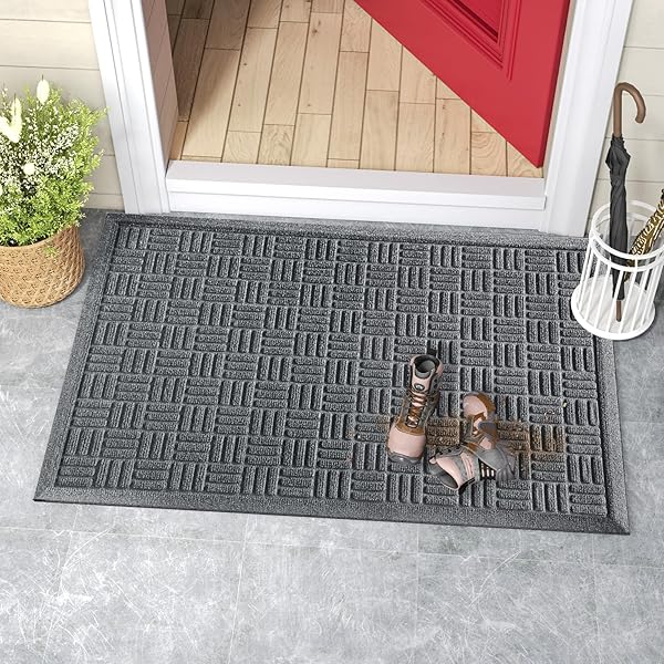 MIBAO FRONT DOOR MAT INDOOR OUTDOOR ENTRANCE, DIRT TRAPPING WATERPROOF ALL-SEASON, ALL-WEATHER DOORMAT, NON-SLIP DURABLE NATURAL RUBBER LOW PROFILE EASY CLEAN PATIO ENTRANCE MAT, 29.5″ X 17″, GREY