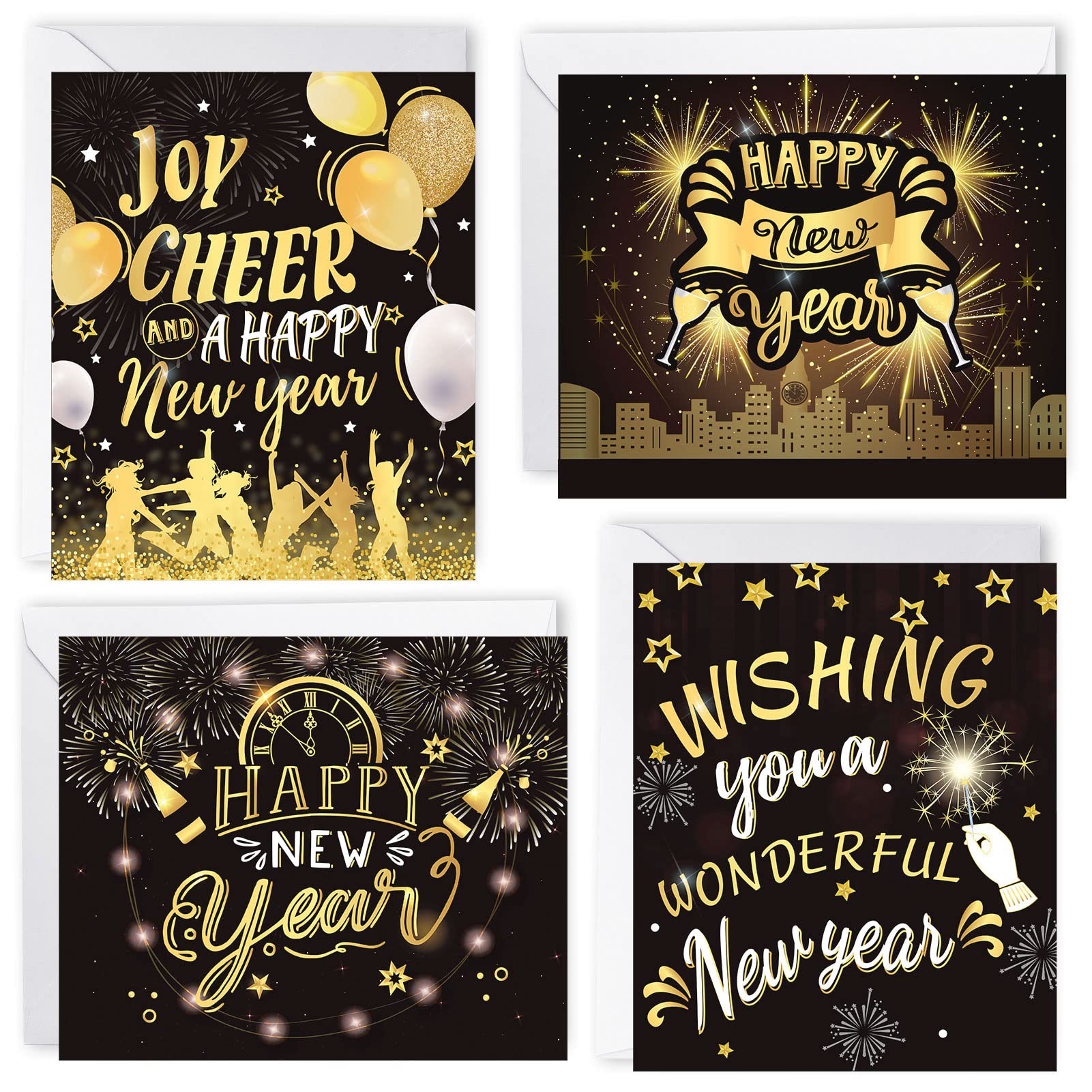 HOWAF 24 Pack Happy New Year Cards 2026 Greeting Cards with Envelopes, Winter Holiday Greetings Card Gifts Presents for NYE Party Decorations 2026, Black Gold