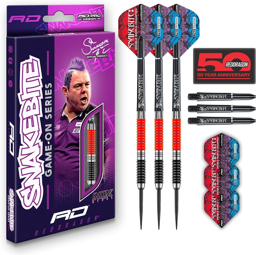 Red Dragon Peter Wright Snakebite 20g Steel Tip Darts Set with Flights & Shafts