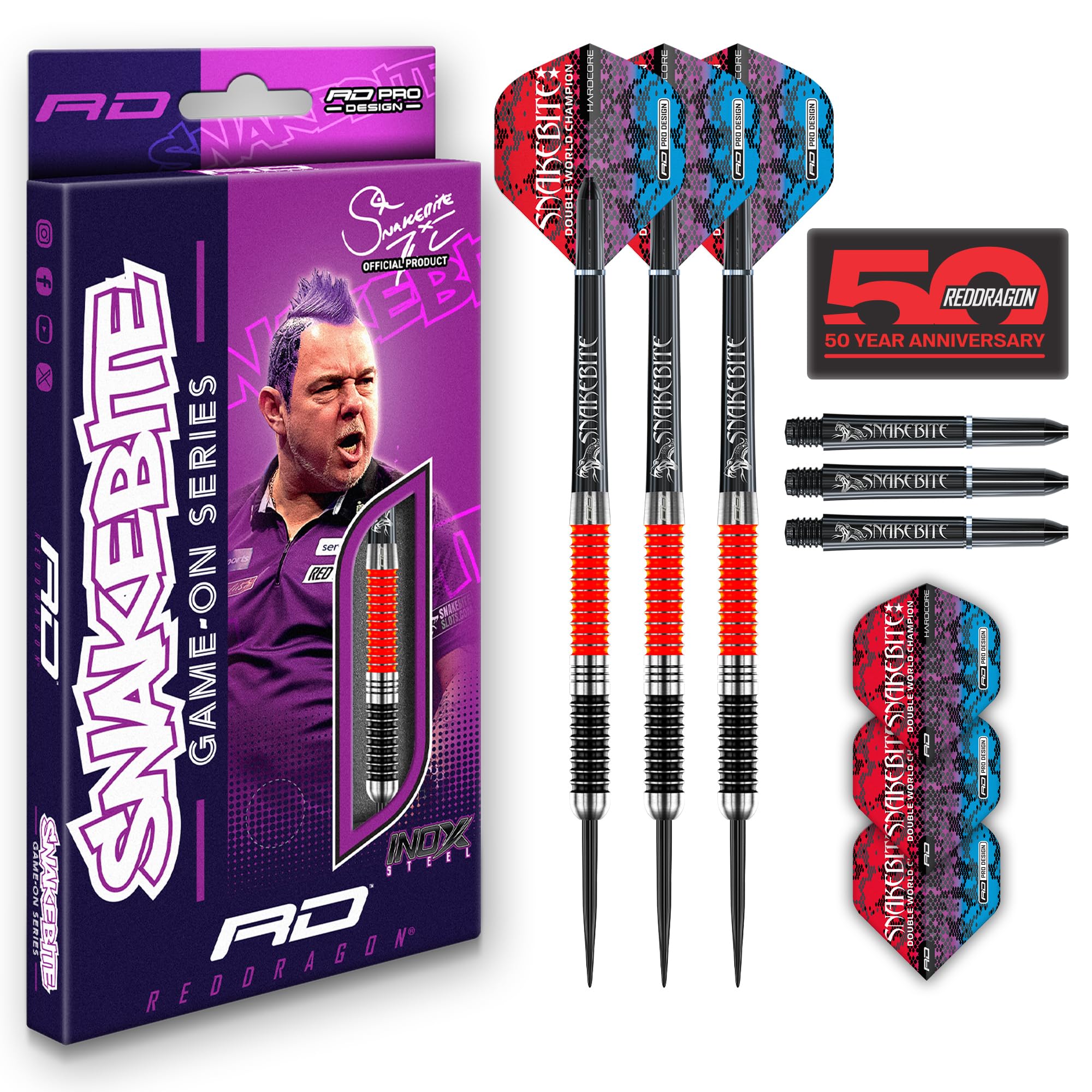 RED DRAGON Peter Snakebite Wright Game On Series 20g Steeltip Darts Set with Dart Flights and Dart Shafts (Stems)