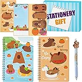 B1ykin Stationery Gift Set - 3Pcs Notebook Sticky Notes, Kawaii A5 Spiral Notebooks & 550 Sheets Cute Sticky Notes with Pens Kit for Office School Kids Students Birthday Supplies (Capybara)
