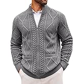 Runcati Mens Full Zip Cardigan Sweater Casual Cable Knitted Mock Neck Ribbed Winter Sweaters