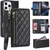 Wallet for iPhone 16 Pro Max Purse Case with Strap,6.9",Rhombus- Black | PU Leather,for Women Men, Zipper Pocket, Kickstand, Wrist Strap, Card Holder,Purse Case