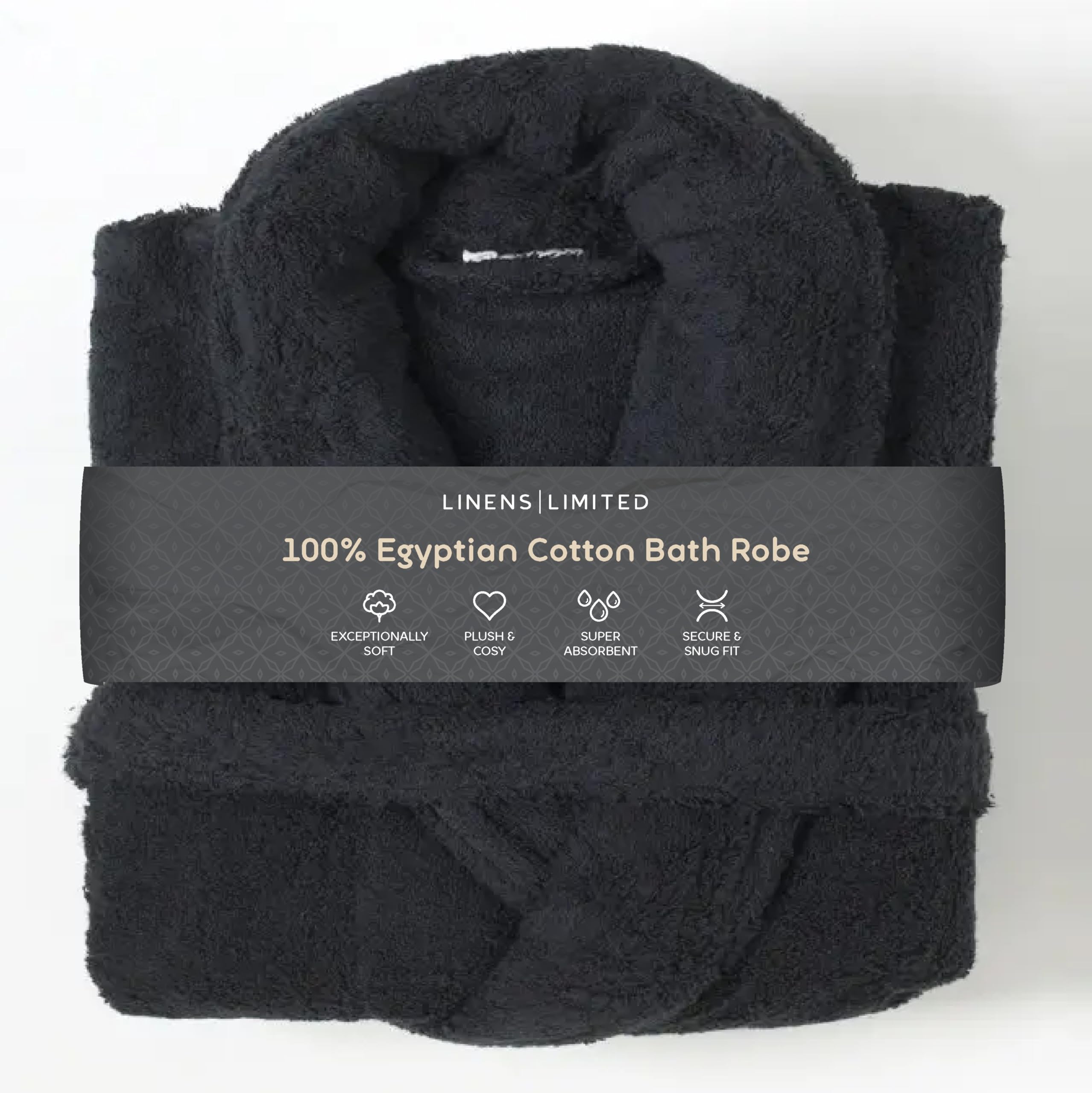 Linens Limited - Egyptian Cotton Dressing Gown for Women and Men, Towelling Bath Robe, Men and Ladies Nightwear Essential, Soft and Luxurious, Super Absorbent, Machine Washable (Black)
