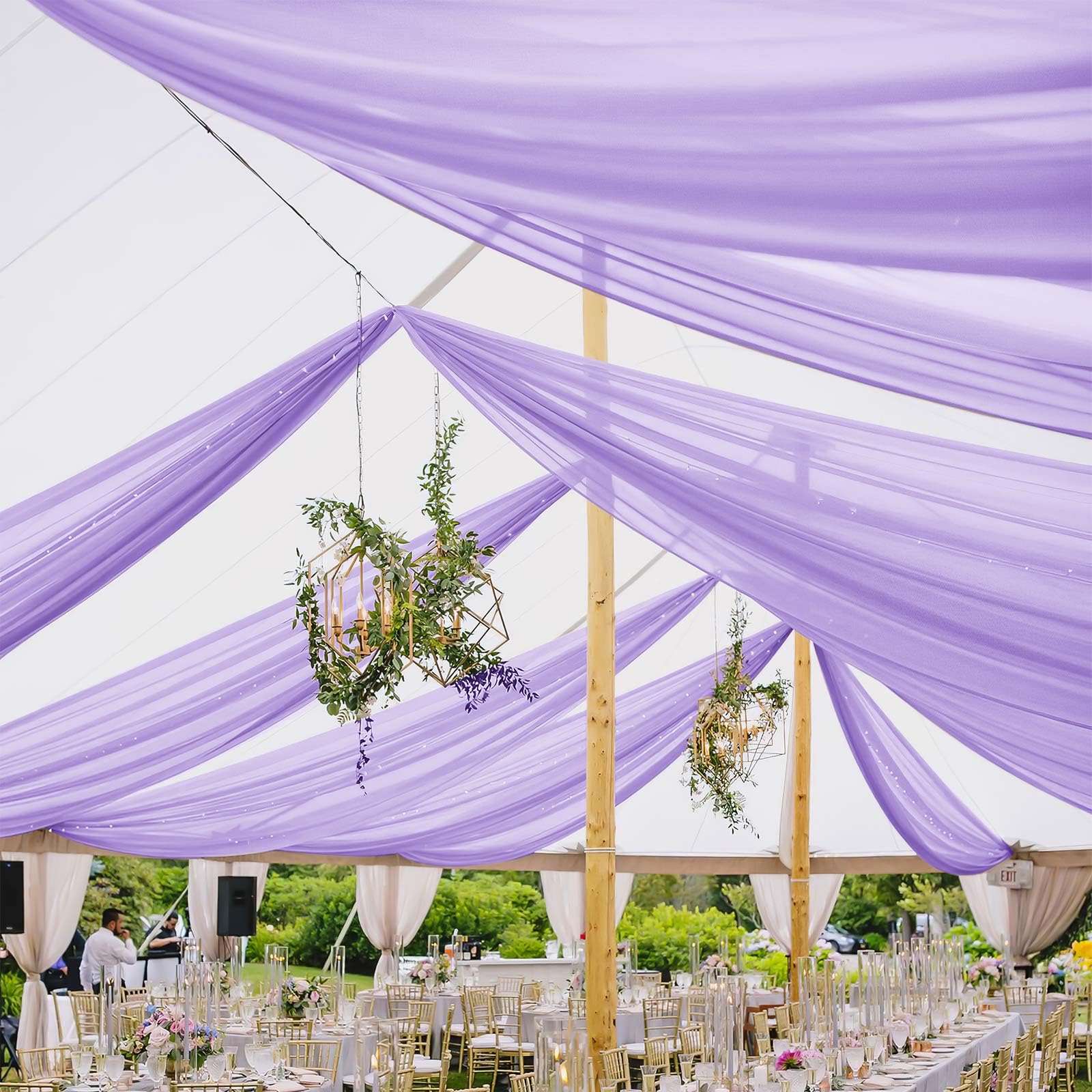 Photo 1 of (used/fair) REWOMC 6 Panels Lavender Ceiling Drapes for Wedding 5ftx30ft Chiffon Fabric Arch Draping Curtains Sheer Drapery for Party Ceremony Birthday Baby Shower Reception Stage Swag Ceiling Decorations