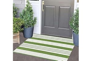 BUAGETUP Green and White Striped Outdoor Rug 24'' x 35'' Door Mat Outdoor Machine Washable Welcome Mats Cotton Hand-Woven Entryway Rug for Front Porch/Entryway/Laundry/Bathroom/Bedroom