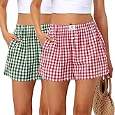 Bonuci 2 Pack Women Boxer Shorts Cotton Y2k Lounge Sleep Gingham Pj Summer Casual Pajama Y2k Beach Bottoms with Pockets