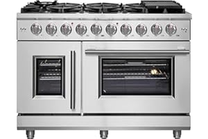 Forno 48-inch French Door Gas Range with 1 Sealed Dual-Ring Brass Burner 20K BTU - 4.32 Cu.Ft Convection Fan Oven 30,000 BTU - Modern Design Kitchen Range with Air Fryer Basket, Rack & Drip Pan