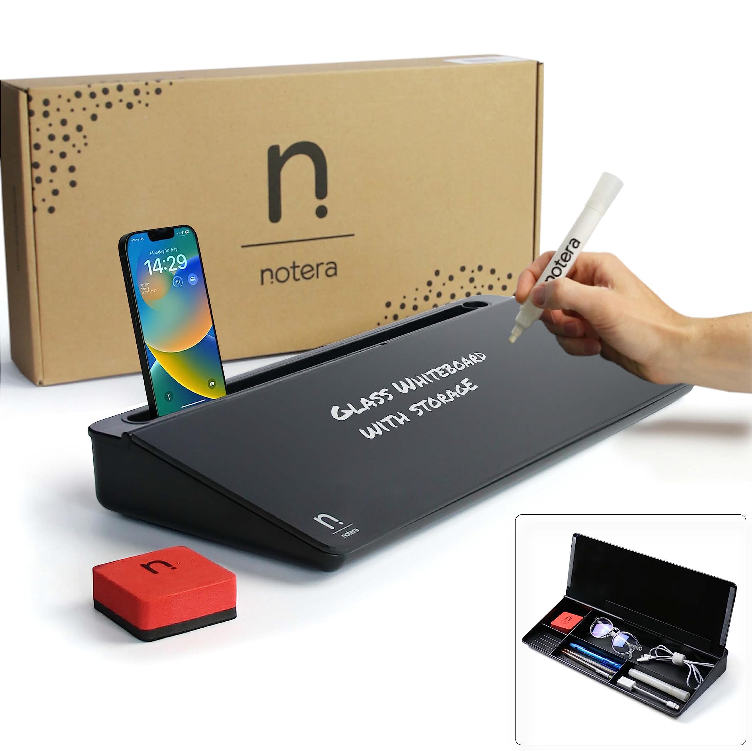 Notera Wedge Desktop Glass Whiteboard - Great Desk Organiser and Accessory for Home Or Office - Never Need Sticky Notes Or Note Pads Again (Small (40cm), Midnight Black)