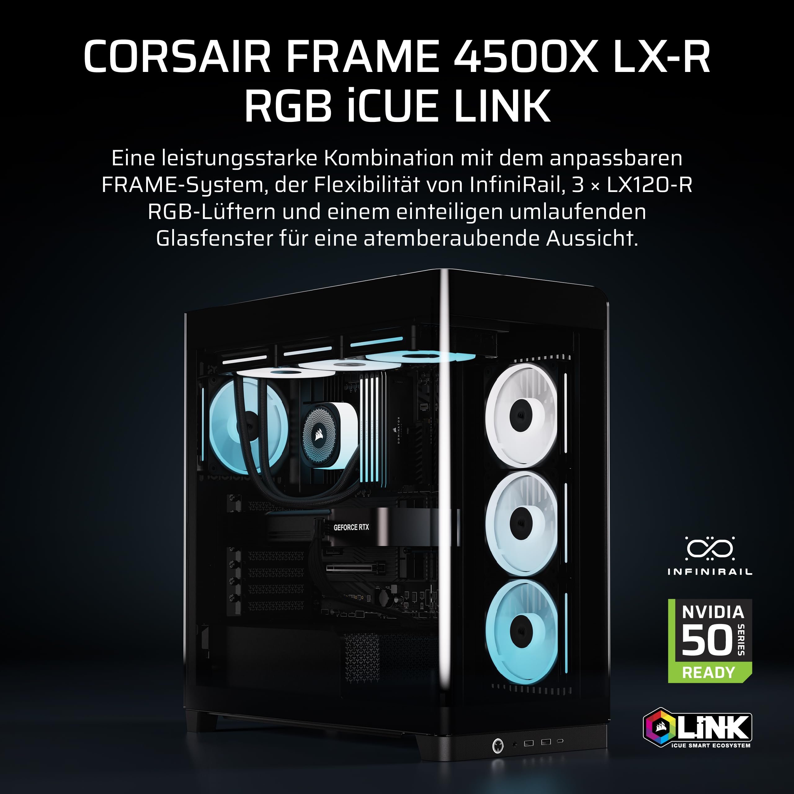 CORSAIR Frame 4500X LX-R RGB LINK Panoramaglas Mid-Tower-PC-Gehäuse – InfiniRail Lüftermontagesystem, Passend für Zwei 360 mm Radiatoren, GPU Anti-Sag, Enthält 3X LX120R RGB LINK Lüfter – Schwarz 2