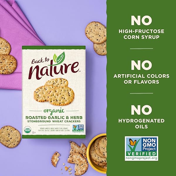 BACK TO NATURE ORGANIC STONEGROUND WHEAT CRACKERS, ROASTED GARLIC & HERB – DAIRY FREE, NON-GMO, MADE WITH WHOLE GRAINS & FLAX SEED, DELICIOUS & QUALITY SNACKS, 6 OUNCE​