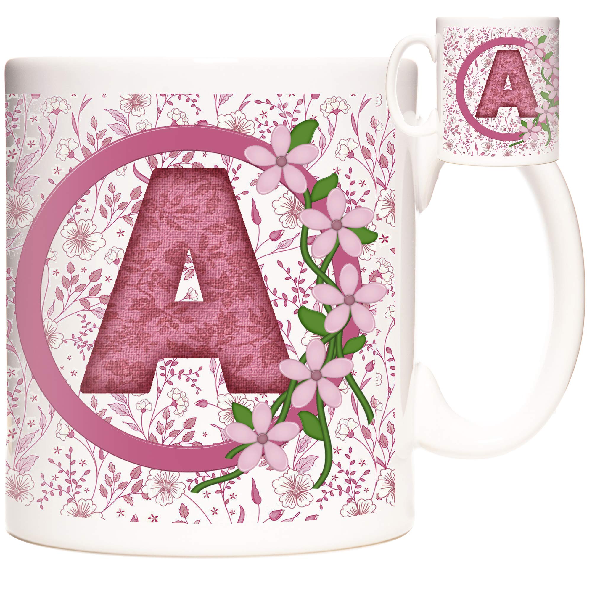 Letter A Gift Mug - Alphabet Letter A Mug With Pink Flower Design, 11oz Ceramic Initial A Gift