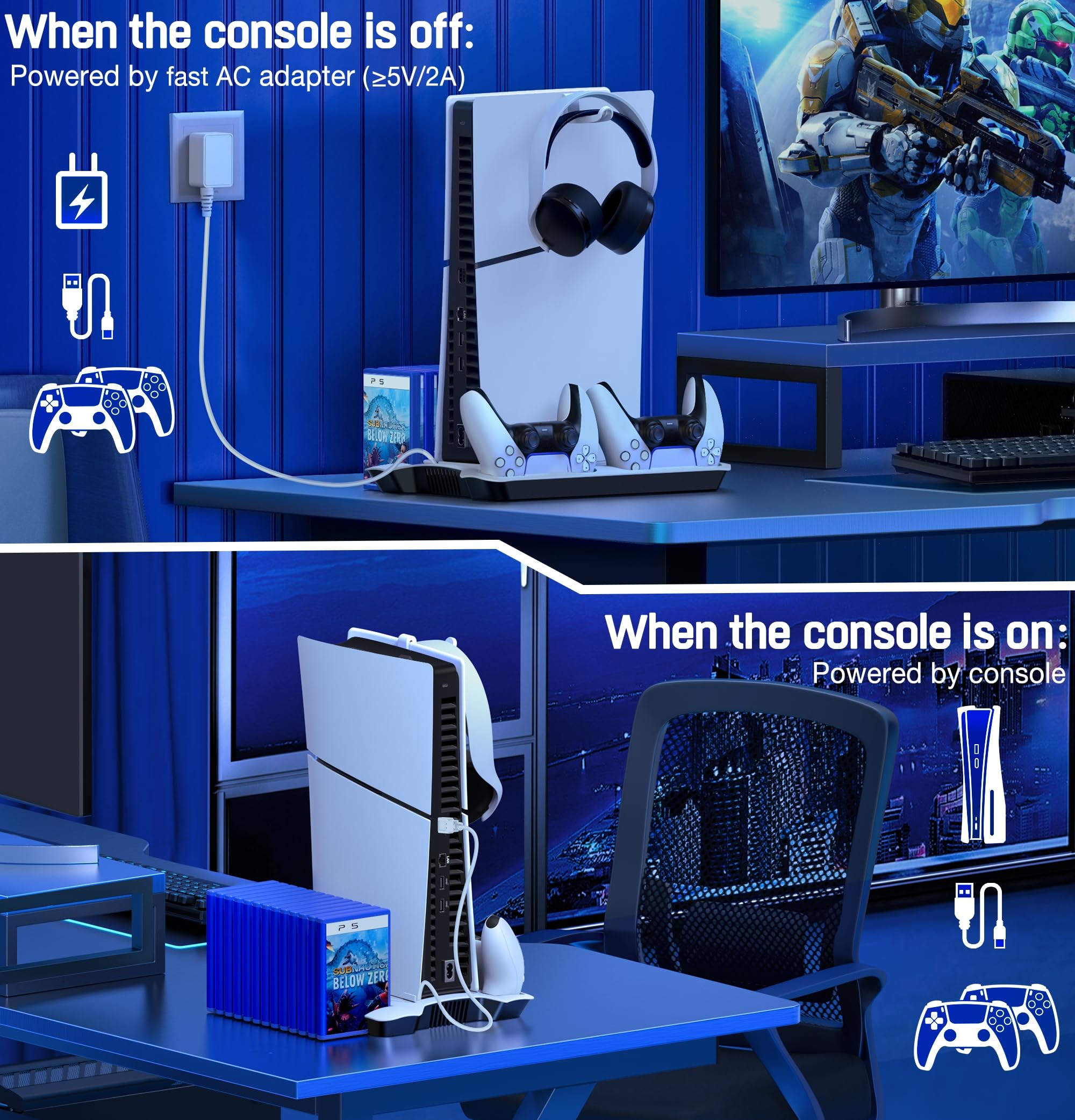 PS5 Slim Stand and Turbo Cooling Station with Controllers Charger Station for Playstation 5, PS5 Pro Console Accessories with 3 Levels Cooling Fan 13-Game Organizer Headset Holder for PS5 Digital/Disc