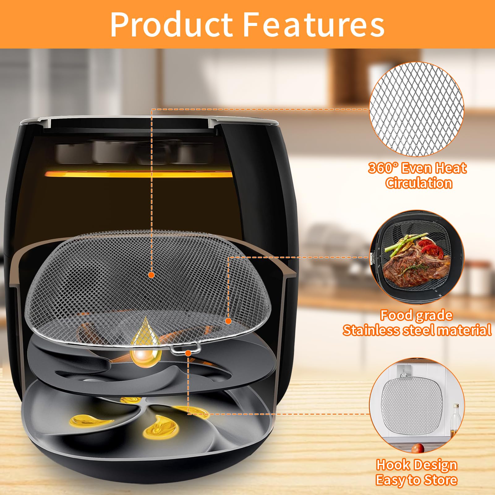 GCQ Air Fryer Accessories for Philips HD9630 Airfryer XXL, 9”×8.6” SUS 304 Stainless Steel Food Grade Air Fryer XXL Replacement Parts Basket Tray for Philips HD9650 HD9656 HD9750 HD9860 Air Fryer