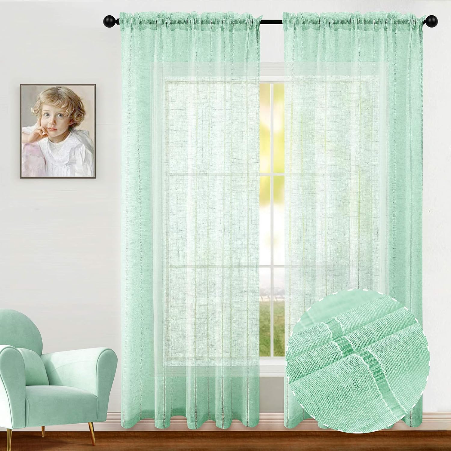 Joywell Mint Green Linen Curtain 72 Inches Length for Kids Room 2