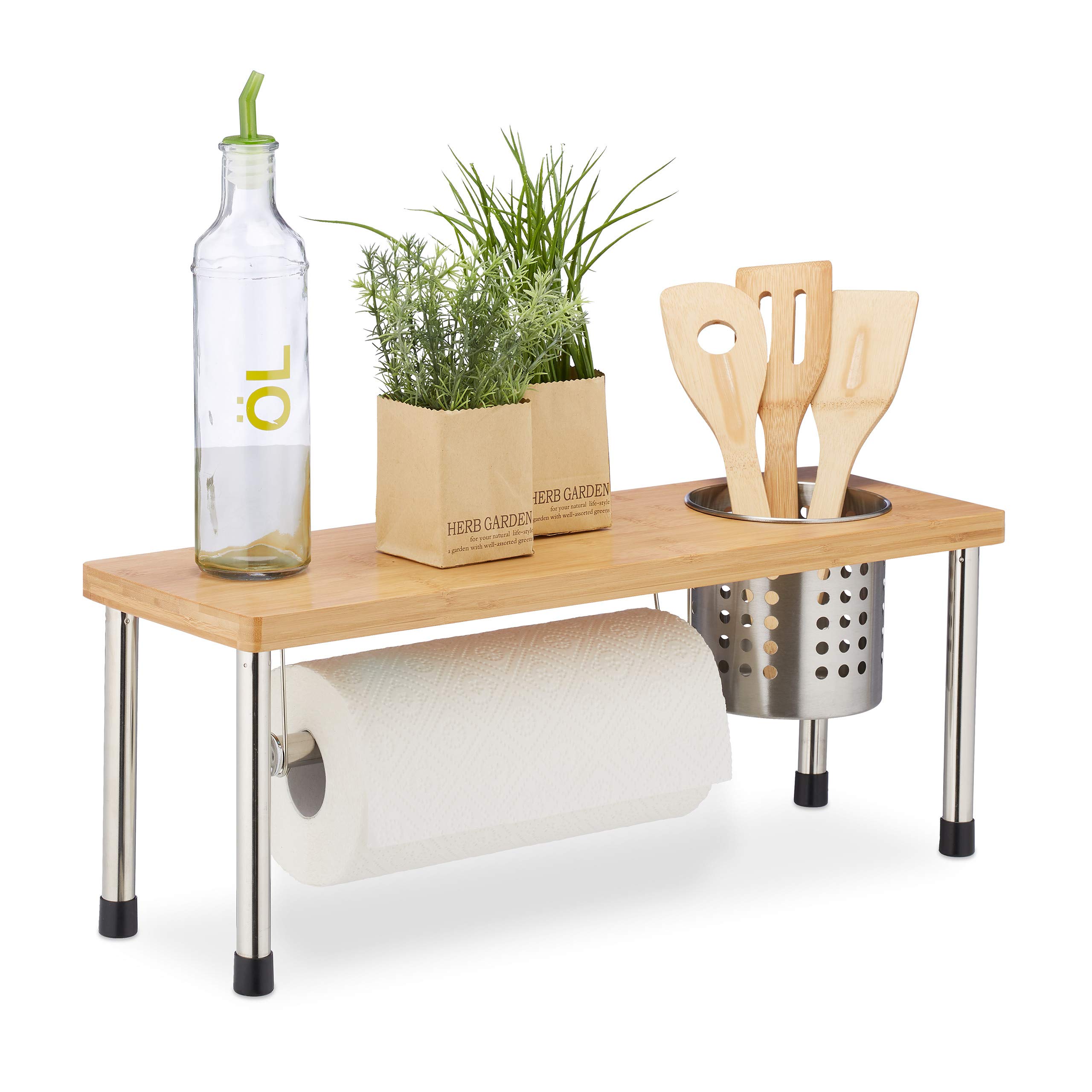 Relaxdays Kitchen Counter Organizer, Roll Holder & Utensil Storage, Spice Rack, Sink Shelf, Bamboo, Natural/Silver
