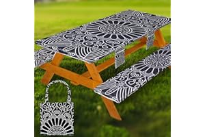 WRAKUS Fitted Picnic Table Cover with Bench Covers Vinyl Waterproof Elastic Edges Fitted Rectangle Tables Patio Tablecloth Camping Gear and Essentials Rv Accessories Road Trip Supplies Car Travel Must Haves