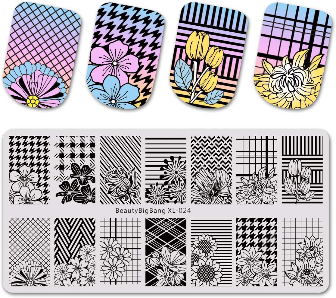 Beautybigbang Nail Stamping Plate Image Templates Flower Rose Sunflower Plaid Grids Swallow gird Nail Art XL-024