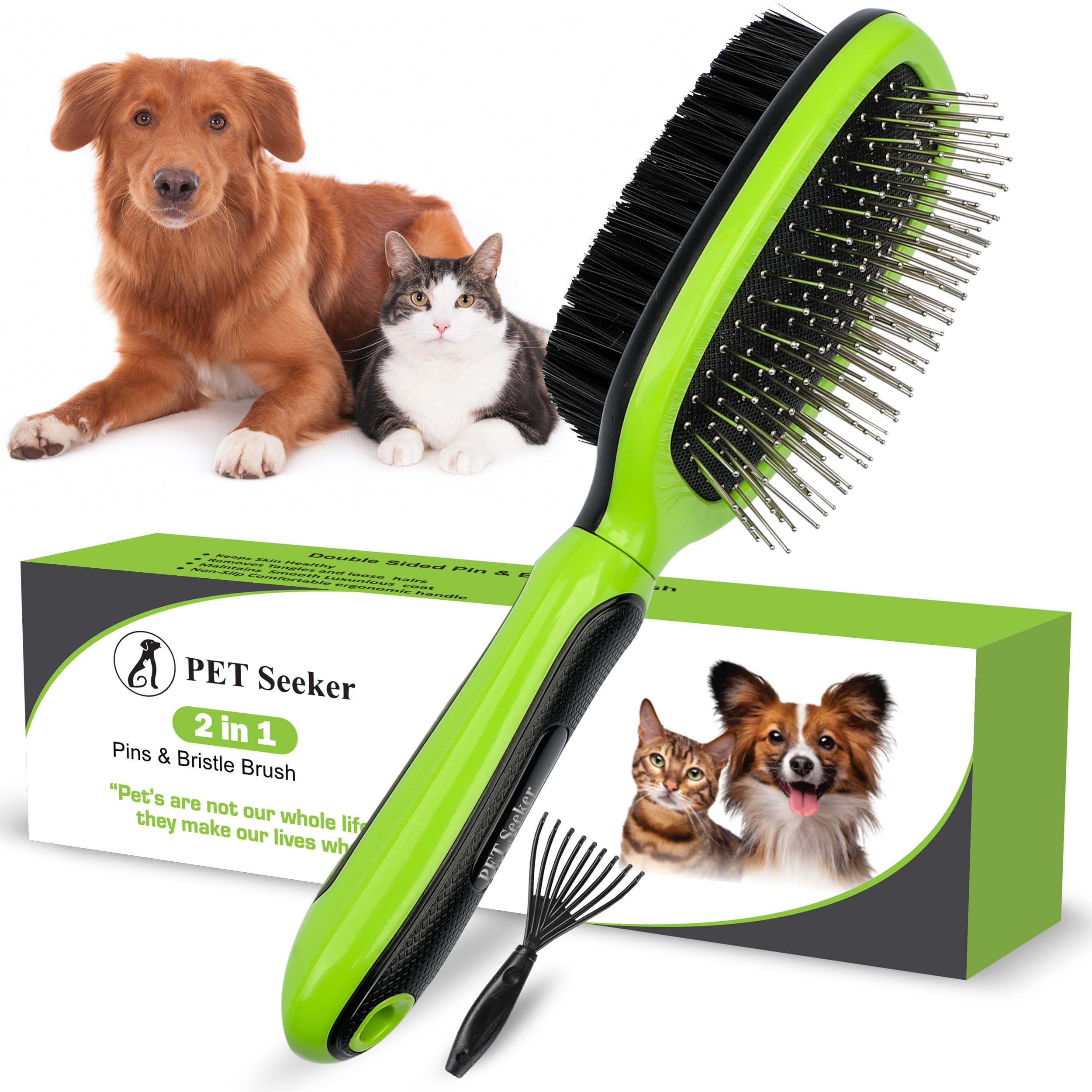 Pet Seeker Double Sided Dog Brush, Grooming Brush with Rounded Pins & Bristles, Dog Brushes for Grooming with Anti Slip Handle & Free Cleaning Tool.