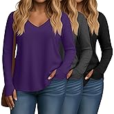 Huukeay 3 Pack Women's Plus Size Long Sleeve Shirts Thumb Holes V Neck Tunic Tops Loose Fit Curved Hem Casual 2026 Y2k Tees