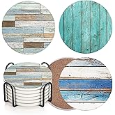 Britimes Coaster for Drinks Set of 6, Retro Wood Absorbent Round Ceramic Stone Mat, with Cork Base and Metal Holder, Gift for Housewarming Room Bar Decor