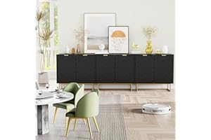 Scurrty 94.5" Large Sideboard Buffet, Storage Cabinet with Golden Legs, Black Sideboard Storage Cabinet with 6 Doors and Adjustable Shelf, Accent Cabinet for Living Room, Kitchen,Black