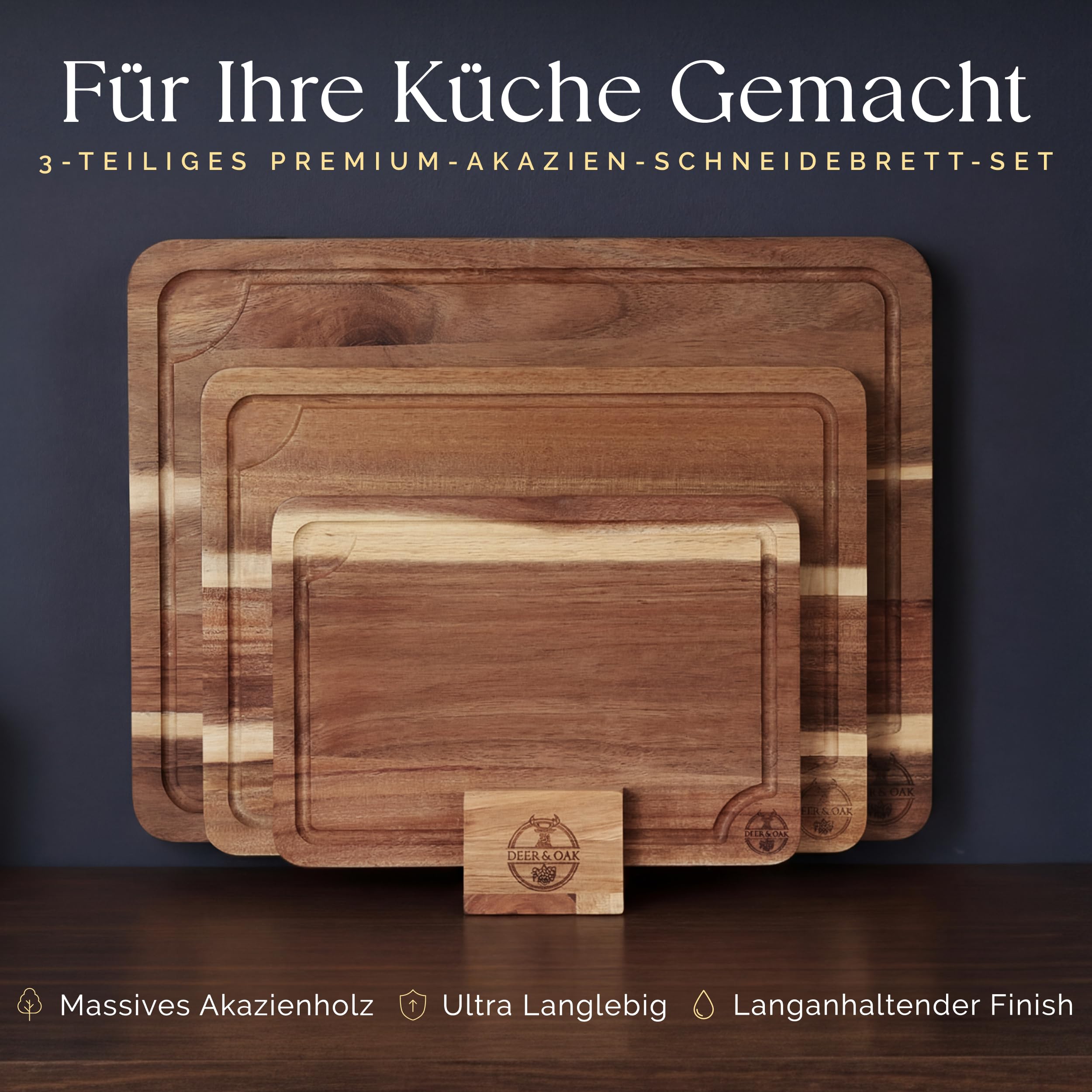 Deer & Oak 3-teiliges Akazien-Schneidebrett-Set mit Ständer, inklusive 250 ml Schneidebrettöl, FSC-zertifizierte, vorgeölte Schneidebretter aus Holz für Küchen, Hartholz-Küchenschneidebretter für 2