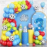 Toy 3rd Birthday Balloons Arch Kit, Red Blue Yellow Balloons with Cow Print Sky Blue Cloud Balloon Number 3 Balloon, for Kids Boys Girls 3rd Themed Birthday Party Baby Shower Decorations