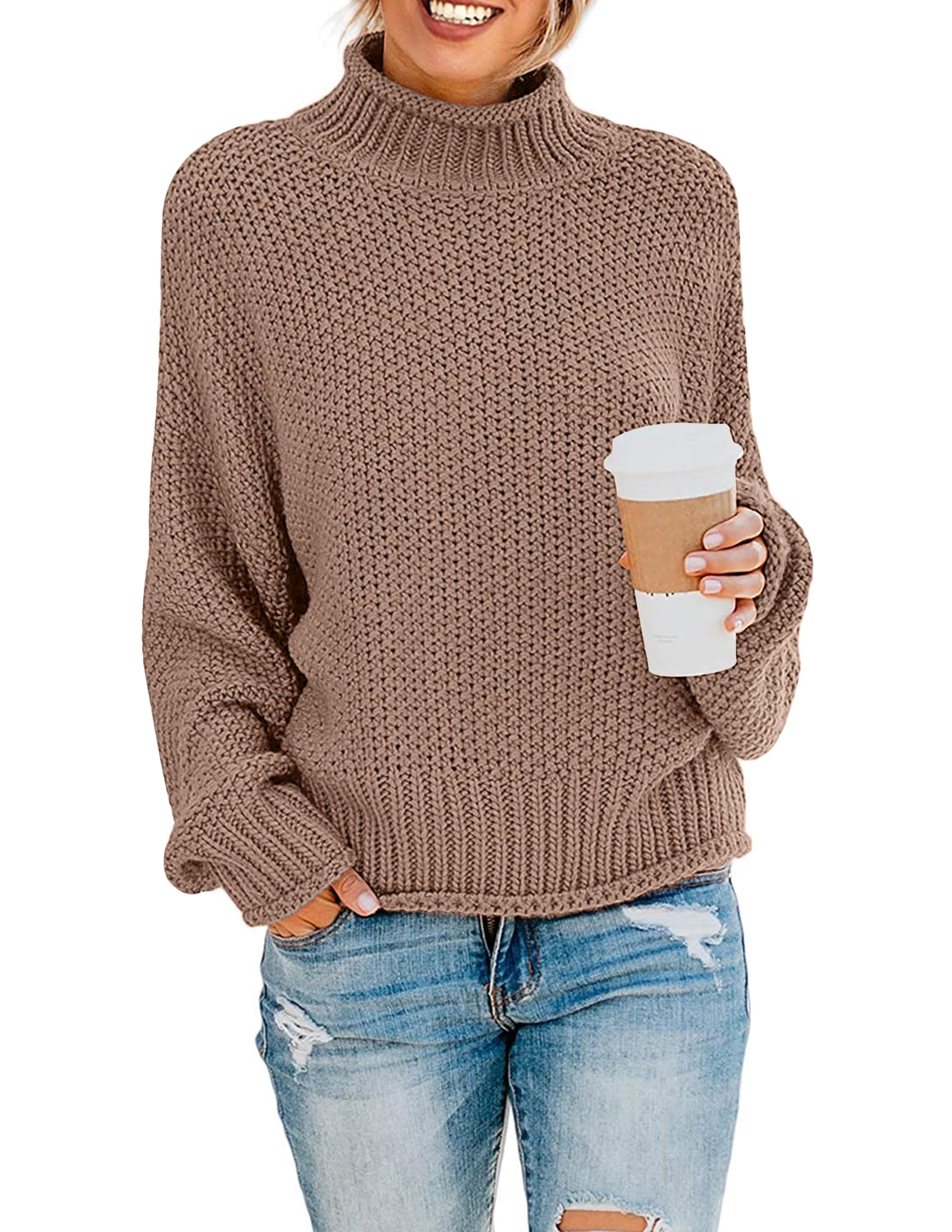 Photo 1 of *CREAM COLOR*______________ZESICA Women's Turtleneck Batwing Sleeve Loose Oversized Chunky Knitted Pullover Sweater Jumper Tops,i,Medium