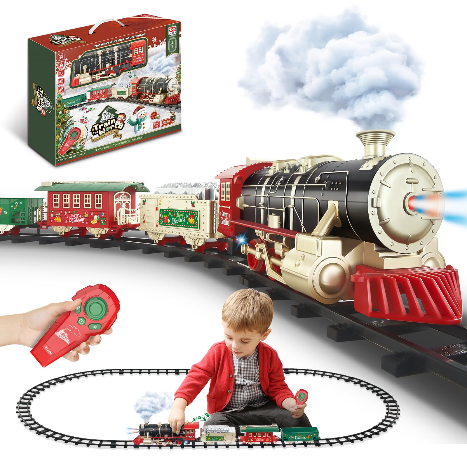 Photo 1 of JQ JUQU Remote Control Train Set for Kids Ages 3-8 with Steam, Lights and Sounds, Electric Toy Train with 4 Cars and Tracks for Indoor Play and Holiday Decor
