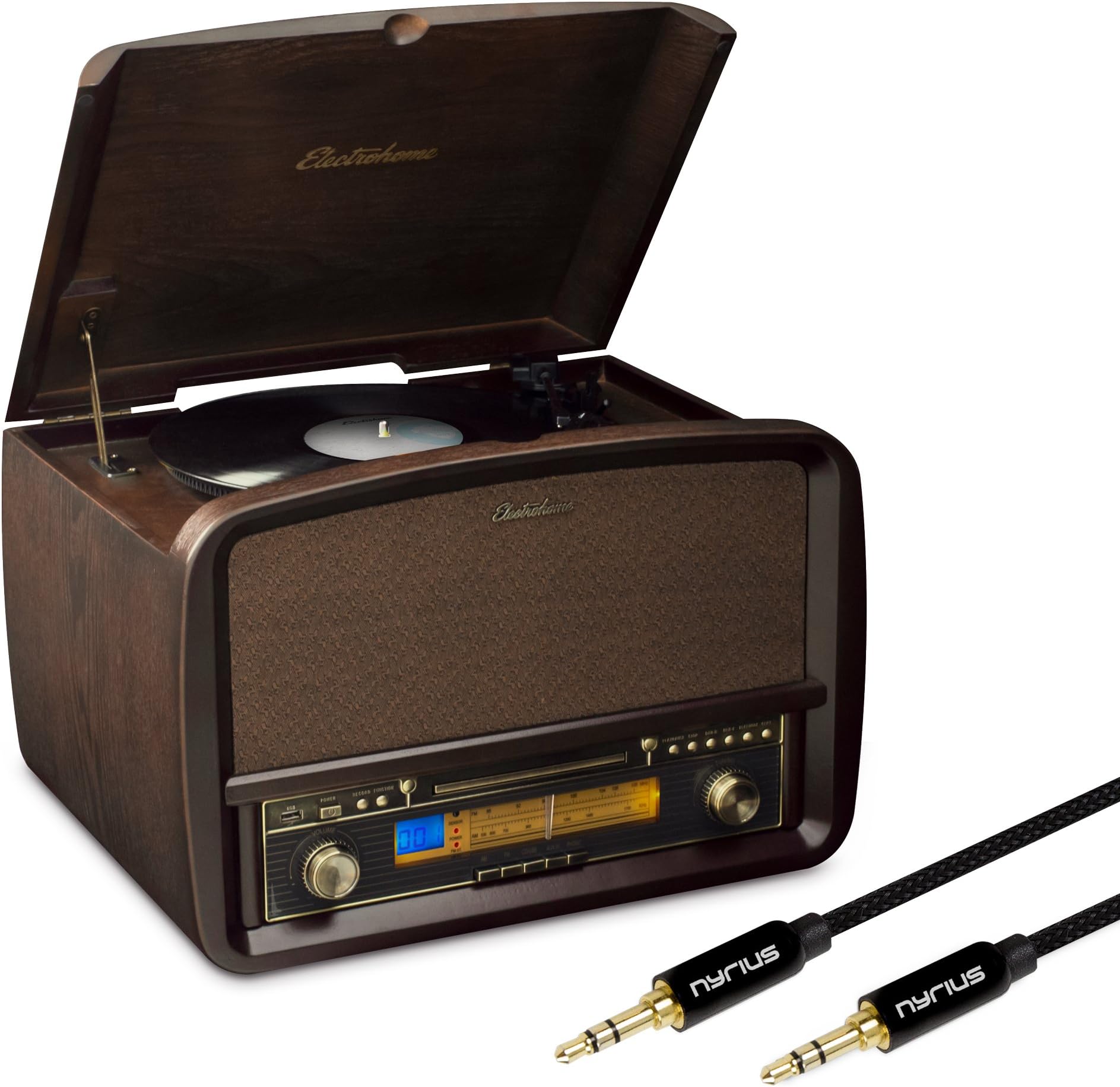 Electrohome Signature Vinyl Record Player Classic Turntable Hi-Fi Stereo System with AM/FM, CD & AUX for Smartphones & Bonus 3.5mm Aux Stereo Cable