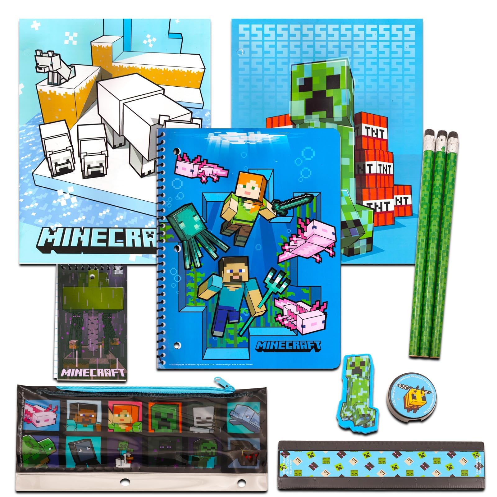 Minecraft Kids School Supplies Set with Pencil Case, Notebook, Pencils, Folders - 11 Pc. Set