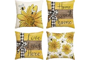 AVOIN colorlife Home Sweet Home Bee Sunflower Throw Pillow Covers, 18 x 18 Inch Love Lives Here Spring Summer Stripes Cushion Case for Sofa Couch Set of 4