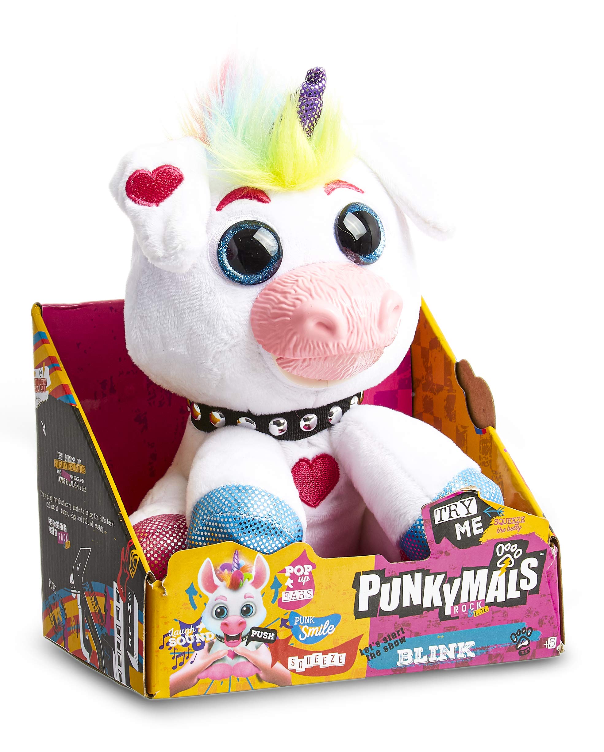 Punkymals Cuddly Toys, 6 Furry Plush Pet Toys to Collect Including Funny Unicorn Soft Teddy, Little Laughing Puppy with Rainbow Punk Hair, Laugh Sound and Pop Up Ears, Fun Gift For Kids (Blink)
